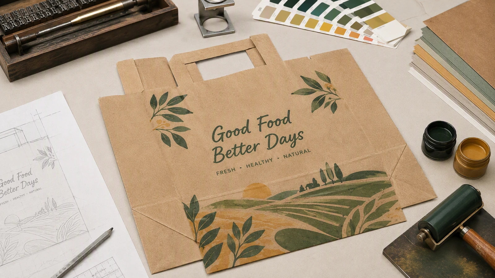 Visuel du sac à poignées plates et matériaux d'impression Sac en papier brun plat avec visuel « Good Food Better Days » à côté d'un dessin, d'encres et de nuanciers de couleurs