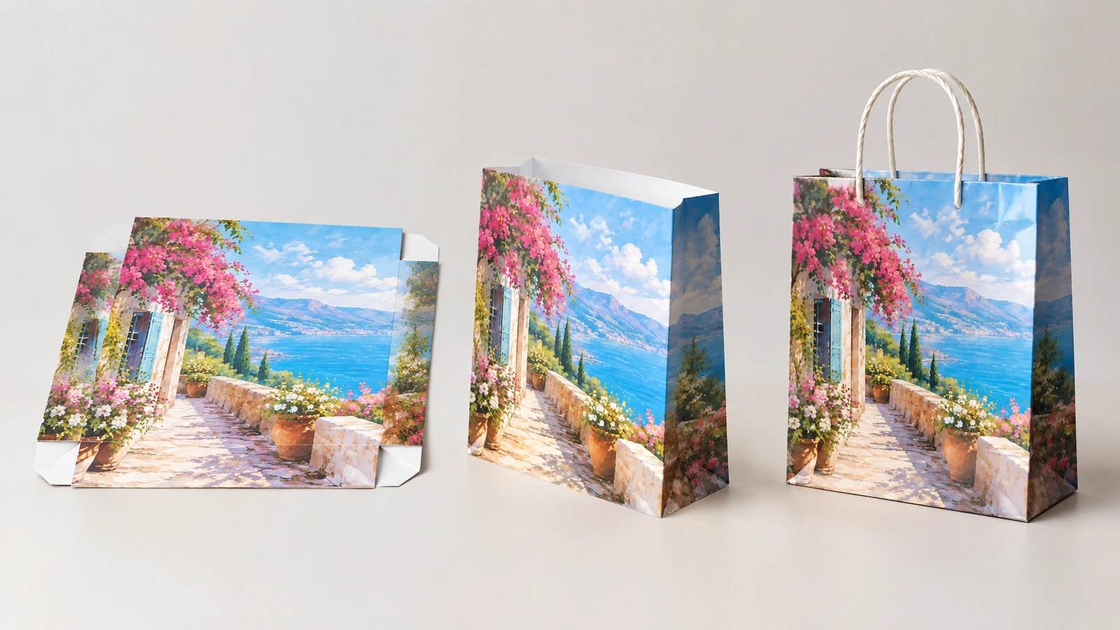 Étapes d'assemblage du sac en papier Composants imprimés à plat, corps de sac assemblé et sac fini avec poignée