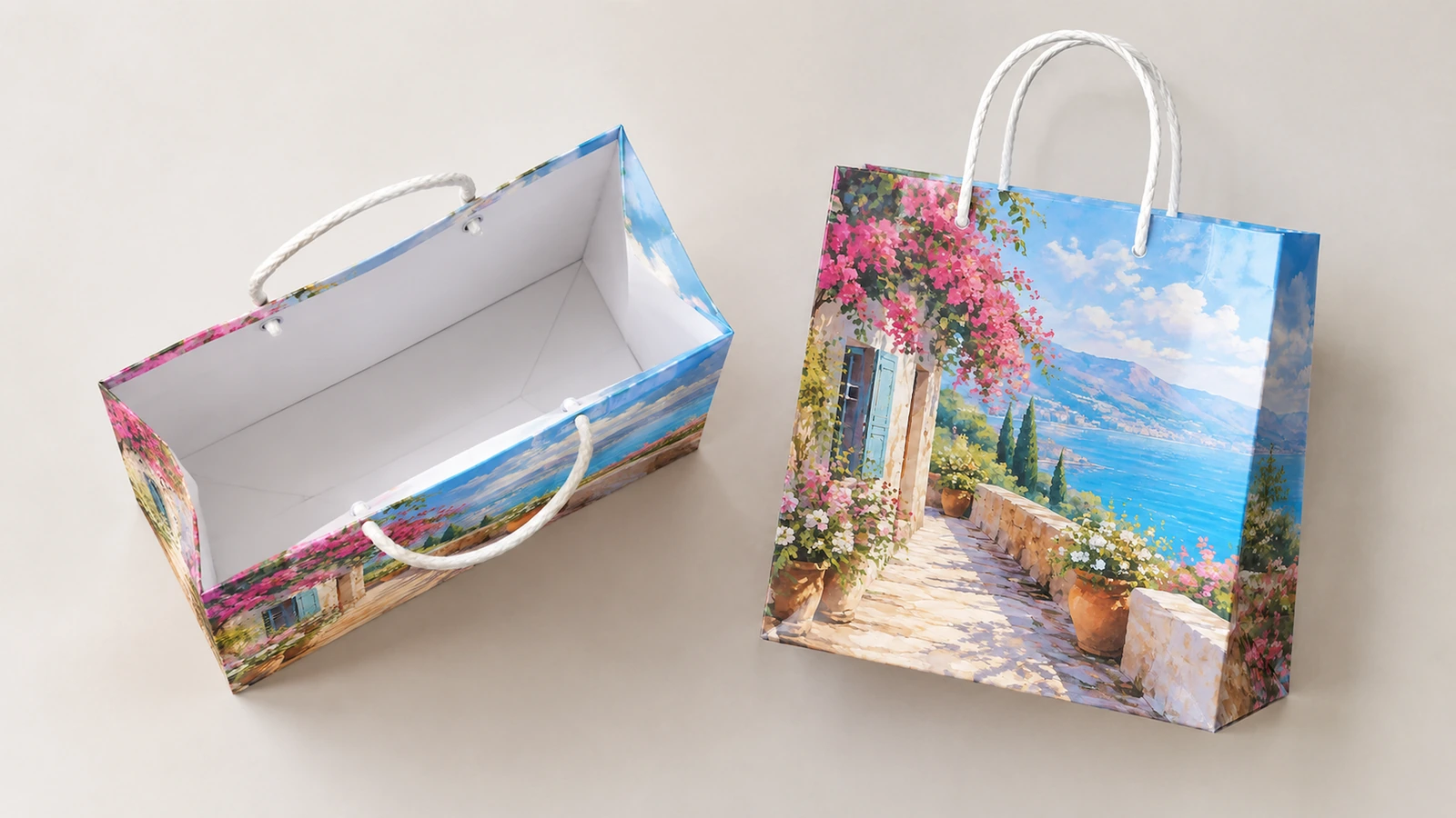 Intérieur et face avant du sac en papier imprimé Vues ouverte et debout d'un sac en papier à motif de paysage côtier, avec poignées en corde blanche