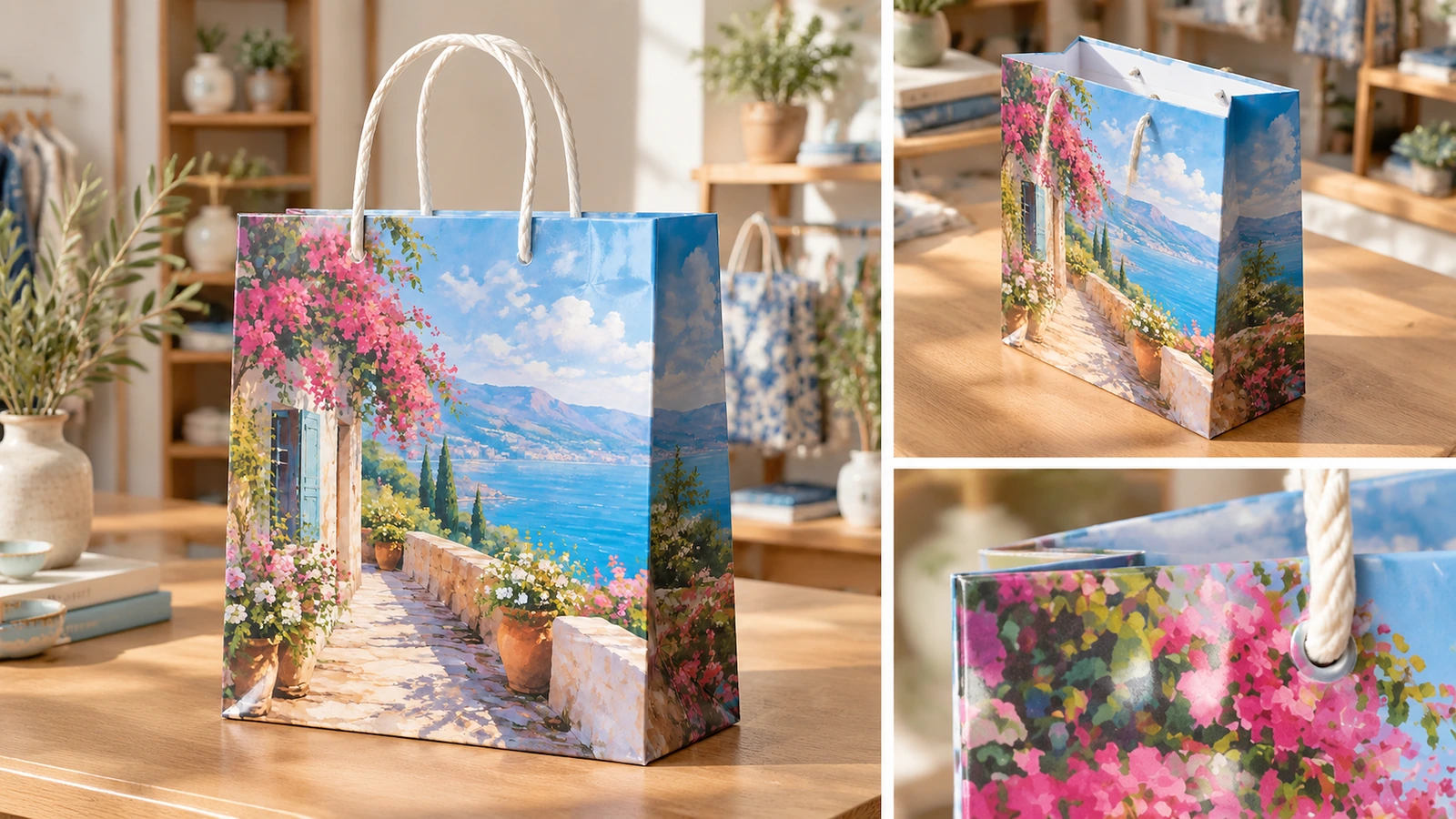 Sac shopping imprimé et détail de la poignée Sac shopping imprimé à motif de paysage côtier, avec vues du soufflet latéral et de la poignée