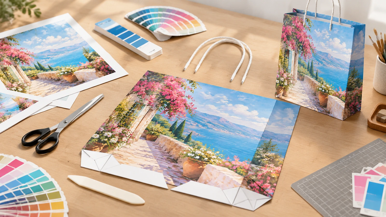 Sac en papier imprimé et matériaux d'assemblage Sac en papier imprimé à motif de paysage côtier et composants imprimés déployés, avec poignées, nuanciers de couleurs et outils de découpe