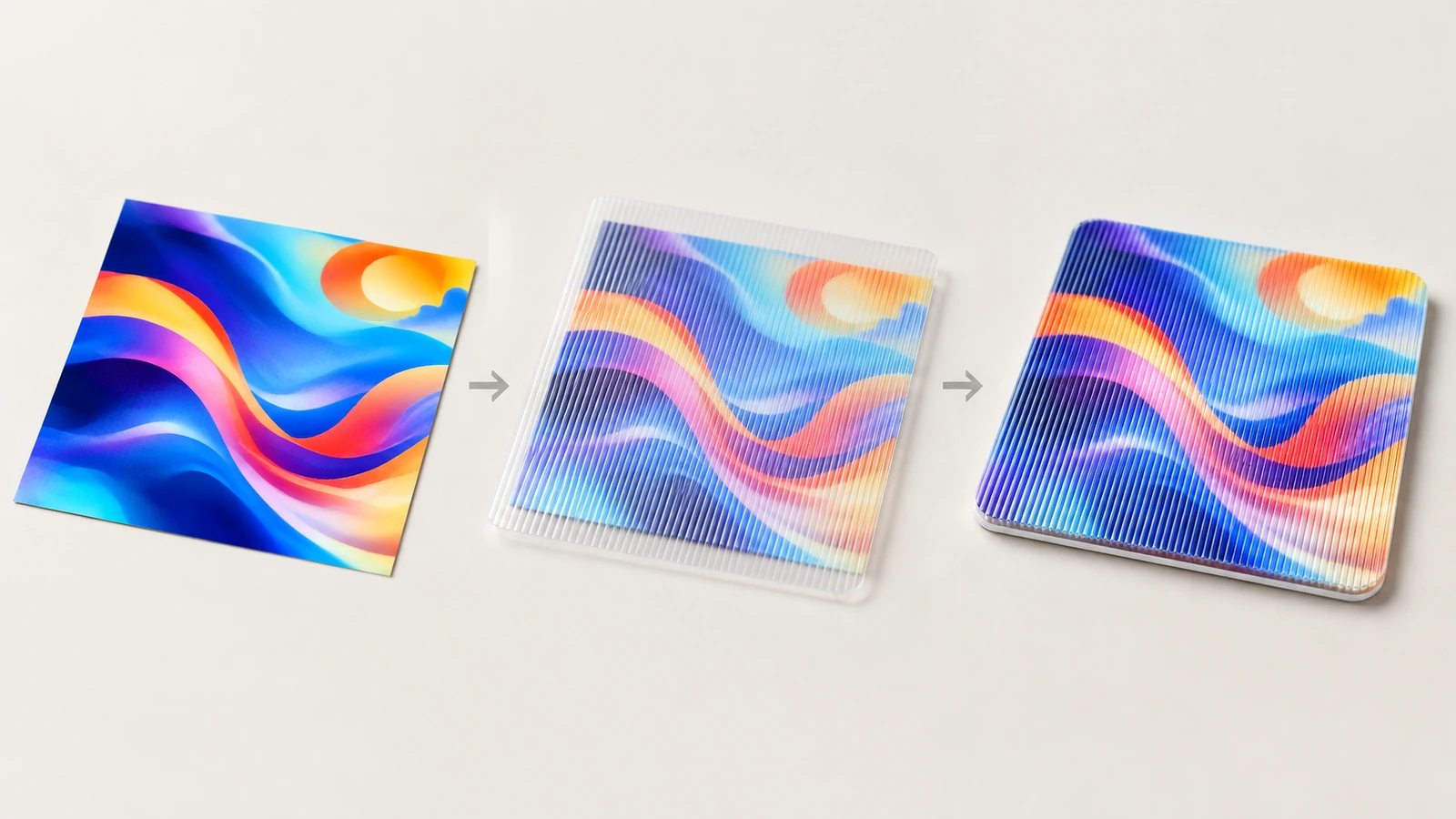 Illustration en trois étapes montrant un motif coloré en vagues, une couche transparente rainurée et un échantillon lenticulaire fini