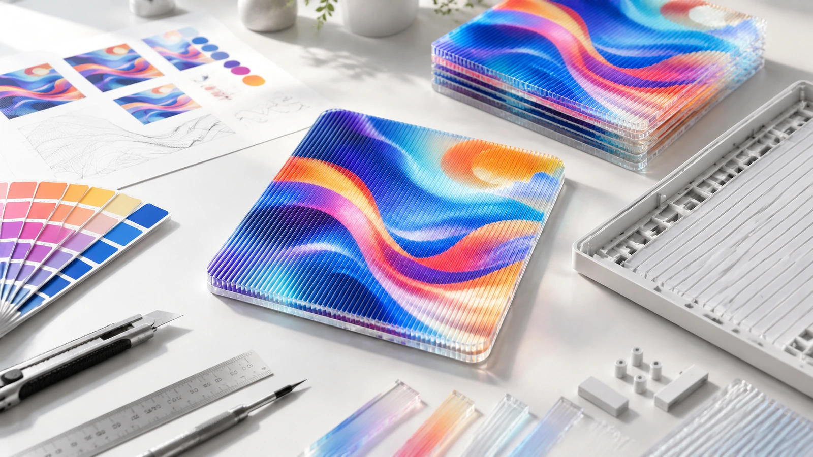 Échantillons lenticulaires carrés colorés à côté de nuanciers, de règles et de feuilles de lentille sur un bureau de création