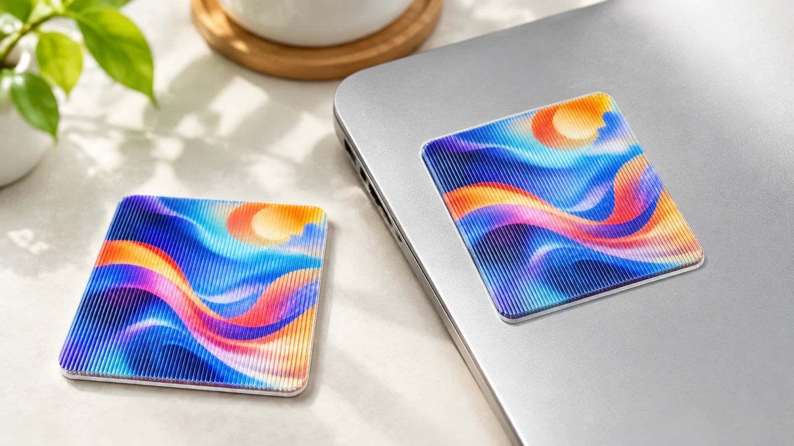 Échantillons lenticulaires carrés colorés sur un bureau et un ordinateur portable fermé