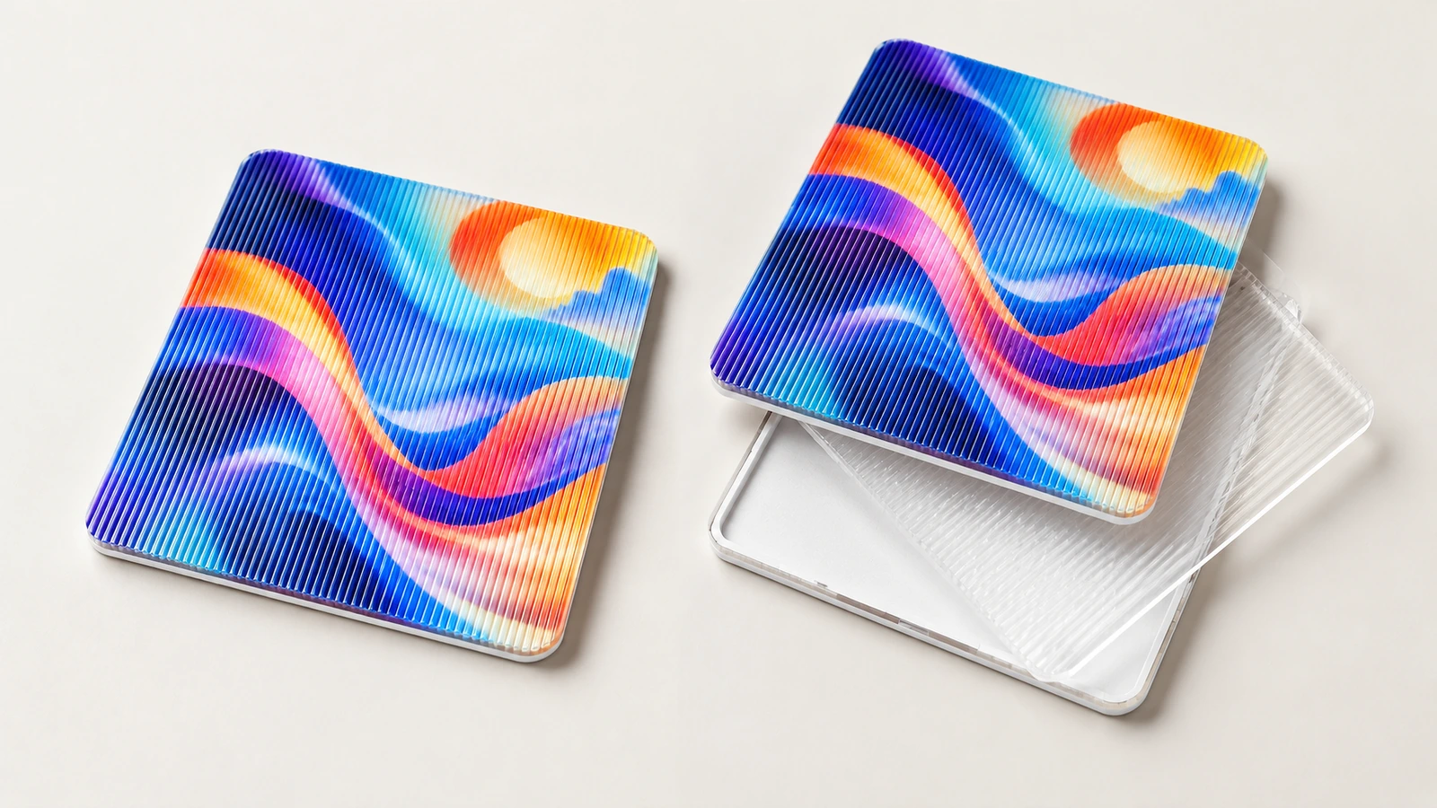 Deux échantillons lenticulaires carrés avec un motif coloré en vagues, l'un posé au-dessus d'une couche transparente rainurée