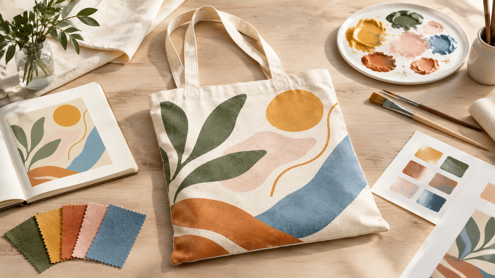 Sac tote en coton imprimé avec des motifs de feuilles et des motifs abstraits, à côté de peinture, d'échantillons de couleurs et d'un carnet de croquis ouvert