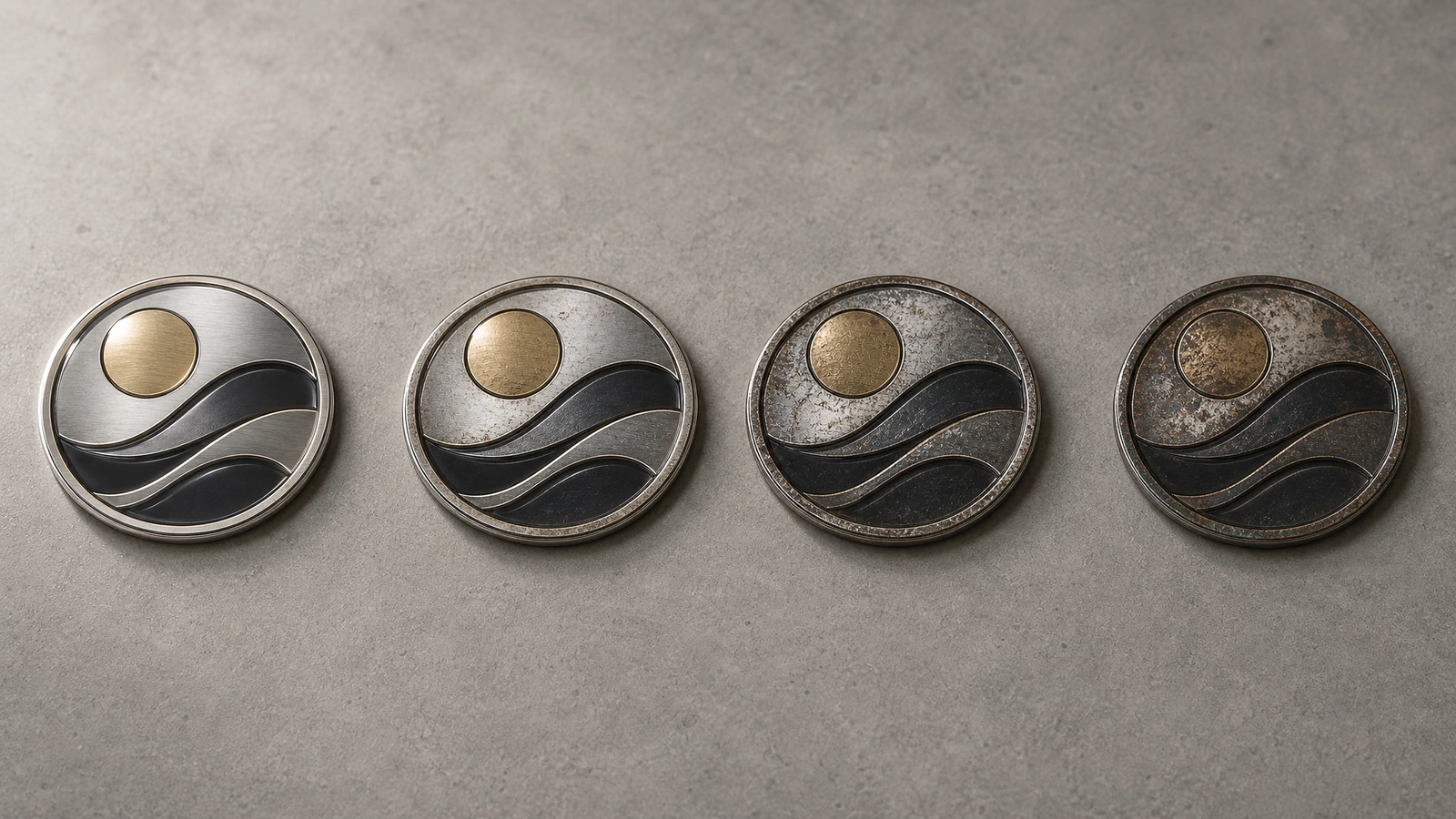 Quatre emblèmes ondulés ronds aux surfaces de plus en plus sombres et marbrées