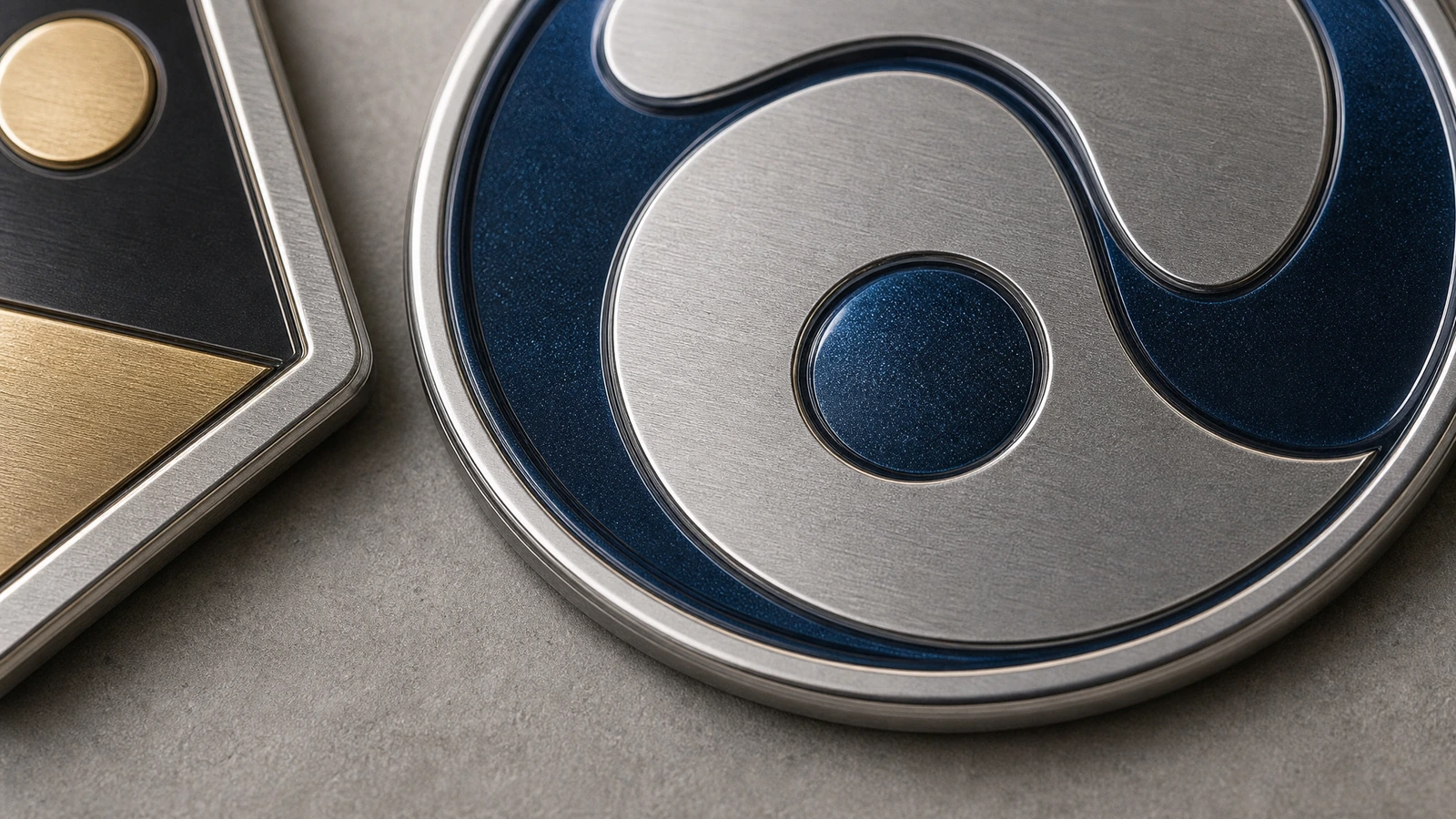 Gros plan d'un emblème rond en spirale bleu et argent, à côté d'une partie d'un motif géométrique noir et or
