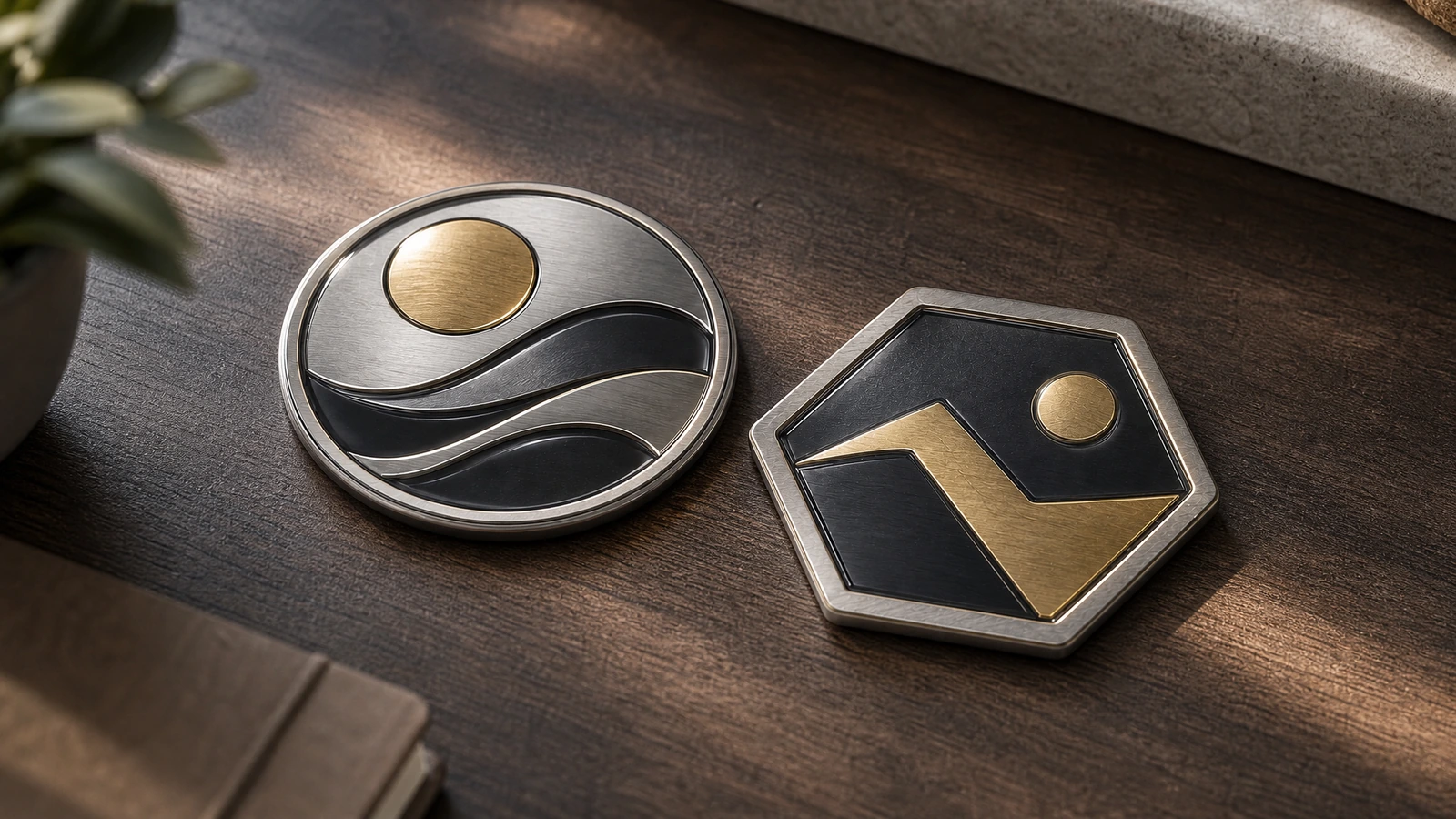 Emblème ondulé rond et emblème hexagonal noir et or posés sur une étagère en bois