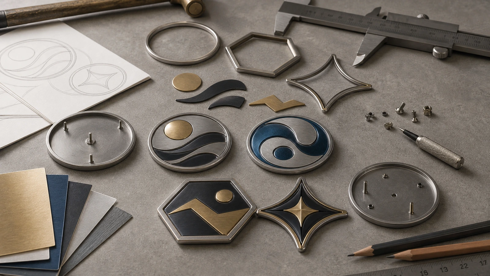 Modèles d'emblèmes ronds, hexagonaux et à quatre pointes à l'aspect métallique, disposés avec des croquis, des outils et des échantillons de couleur