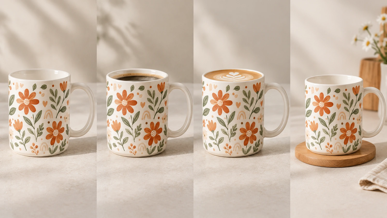 Présentation d'une boisson servie dans une tasse à motifs floraux 4 vues côte à côte d'une tasse à motifs floraux, dont un café noir et une boisson mousseuse