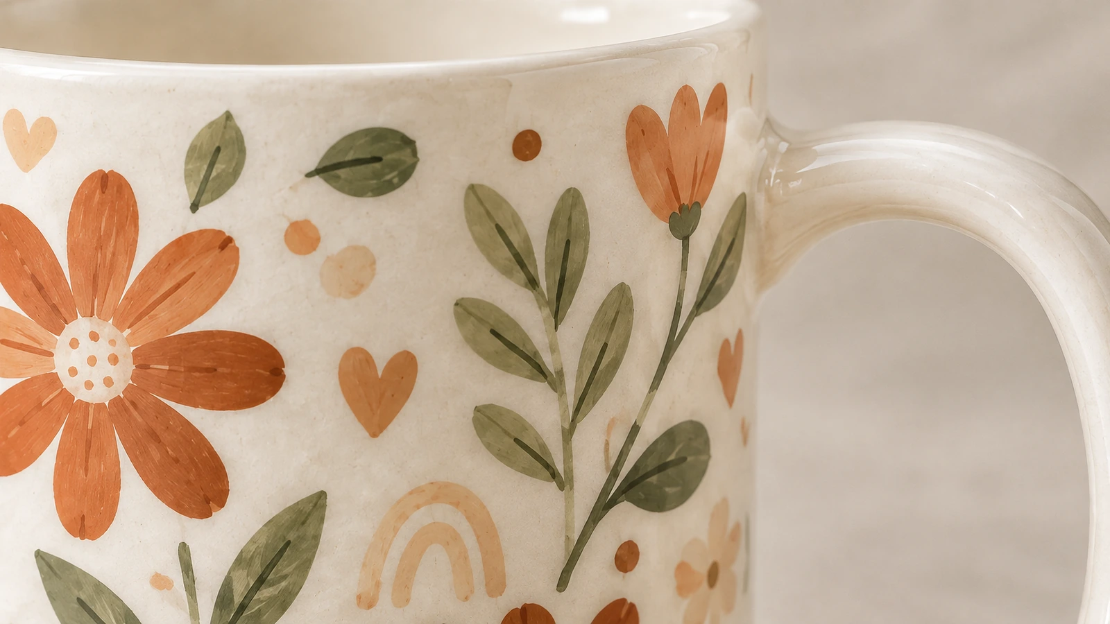 Détail du décor floral et de l'anse de la tasse Gros plan sur des fleurs orange, des feuilles vertes et une anse incurvée d'une tasse en céramique