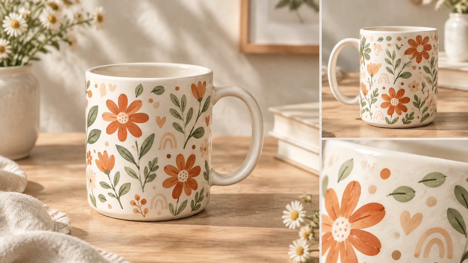 Collage de produits : tasses en céramique à motifs floraux Collage de vues de tasses en céramique à motifs floraux et de gros plans sur les détails du décor