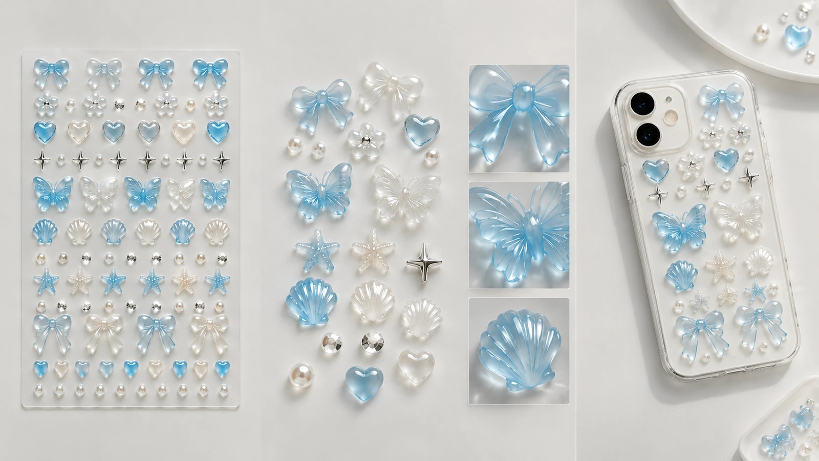 Collage d'une feuille de décorations, de motifs en gros plan et d'une coque de téléphone transparente décorée