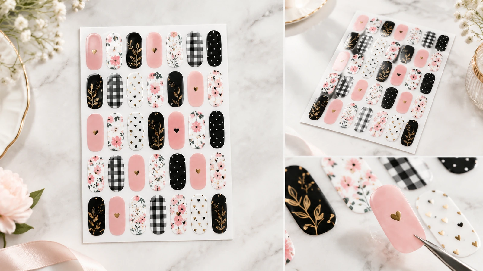 Planche de motifs pour ongles et détail de la pince à épiler Collage de planches de motifs pour ongles avec un gros plan d'un échantillon tenu par une pince à épiler