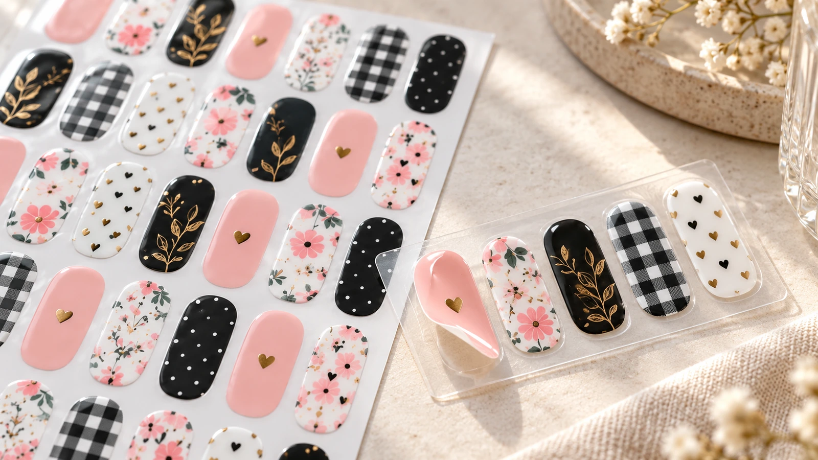 Planche de motifs pour ongles et présentoir d'échantillons Planche de motifs pour ongles à côté d'un présentoir transparent exposant cinq échantillons d'ongles décorés