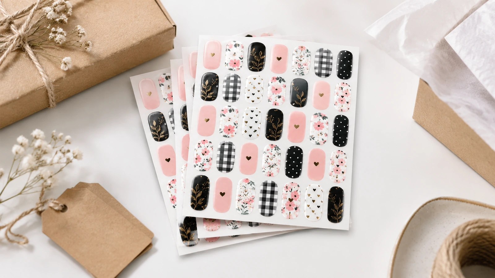 Planches de motifs pour ongles à côté d'emballages Planches de motifs pour ongles empilées à côté d'un emballage en kraft et de papier de soie
