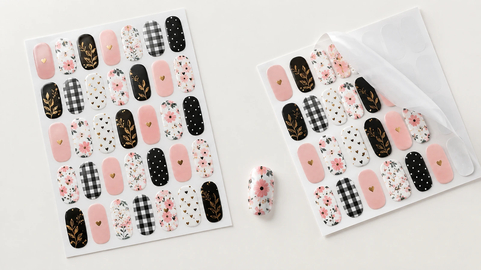 Deux planches de motifs pour ongles 2 planches de motifs pour ongles roses, noirs, floraux et vichy sur fond pâle
