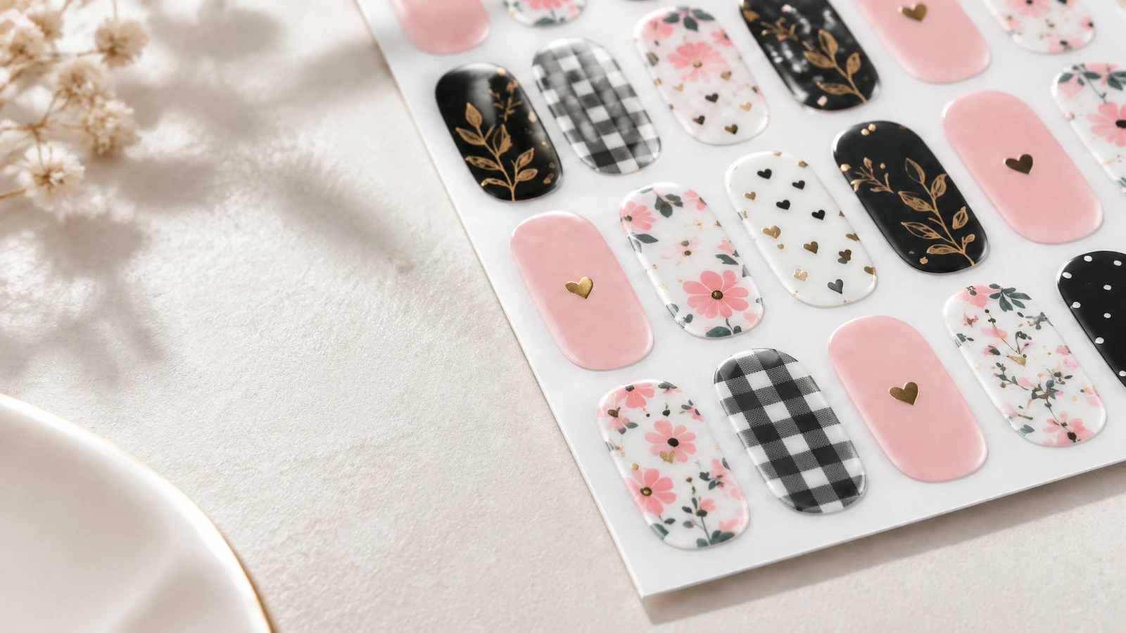 Détails des motifs pour ongles Gros plan de motifs pour ongles floraux, vichy et à accents dorés sur une feuille support