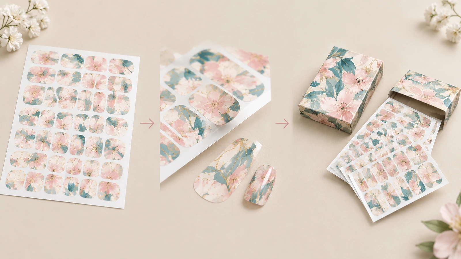 Séquence feuille de films à ongles floraux et emballage Séquence illustrée d'une feuille de film floral, de films sélectionnés et de feuilles en boîte