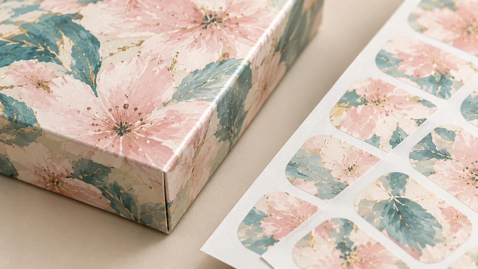 Détail d'impression du film floral et de l'emballage Gros plan de feuilles de films à ongles floraux à côté d'un angle de boîte imprimée assortie