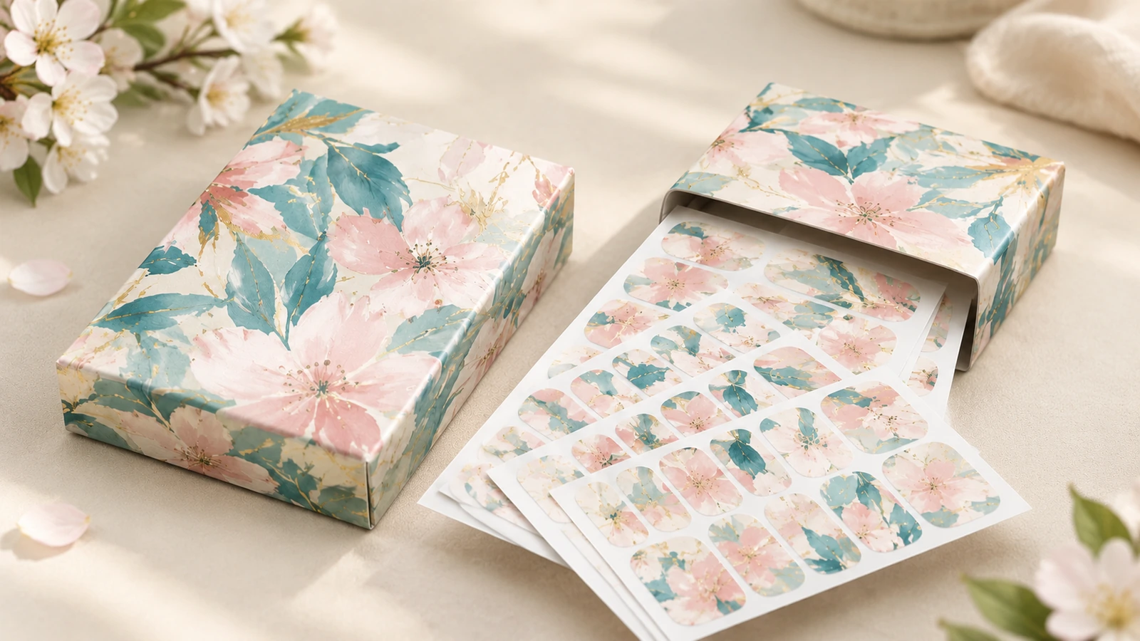 Feuilles de films à ongles imprimées et boîtes Feuilles de films à ongles floraux présentées hors de boîtes imprimées assorties