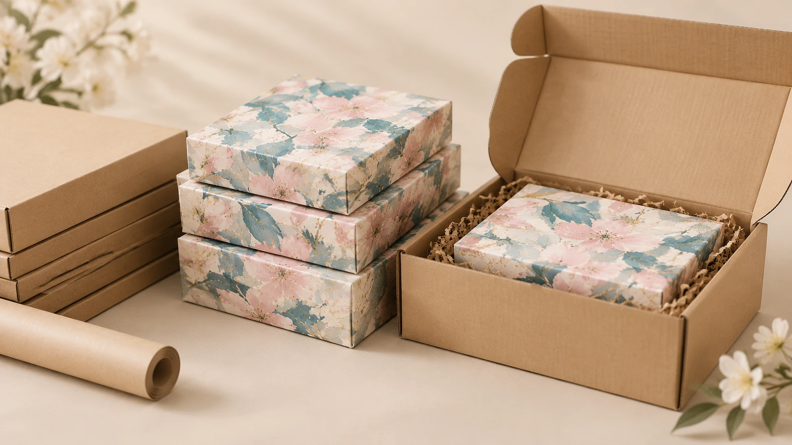 Boîtes de films à ongles et pochette d'expédition protectrice Boîtes de produits floraux empilées à côté d'une pochette d'expédition kraft ouverte avec calage en papier