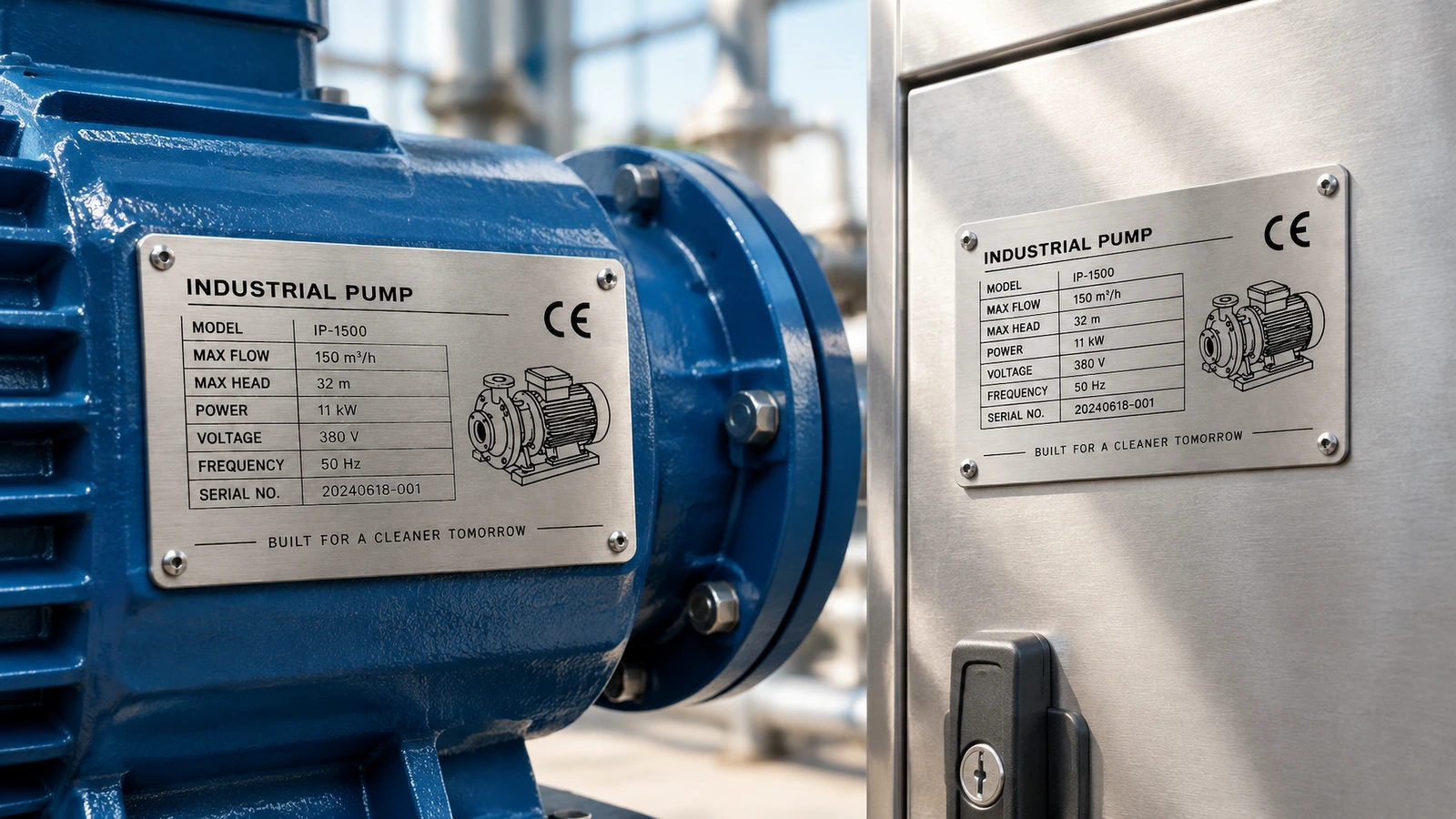 Plaques signalétiques de pompes industrielles fixées sur un carter de moteur bleu et un coffret métallique