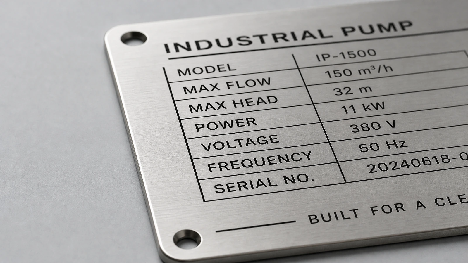 Gros plan d'une plaque signalétique de pompe industrielle affichant les données de l'équipement, des caractères sombres et des trous de fixation aux angles