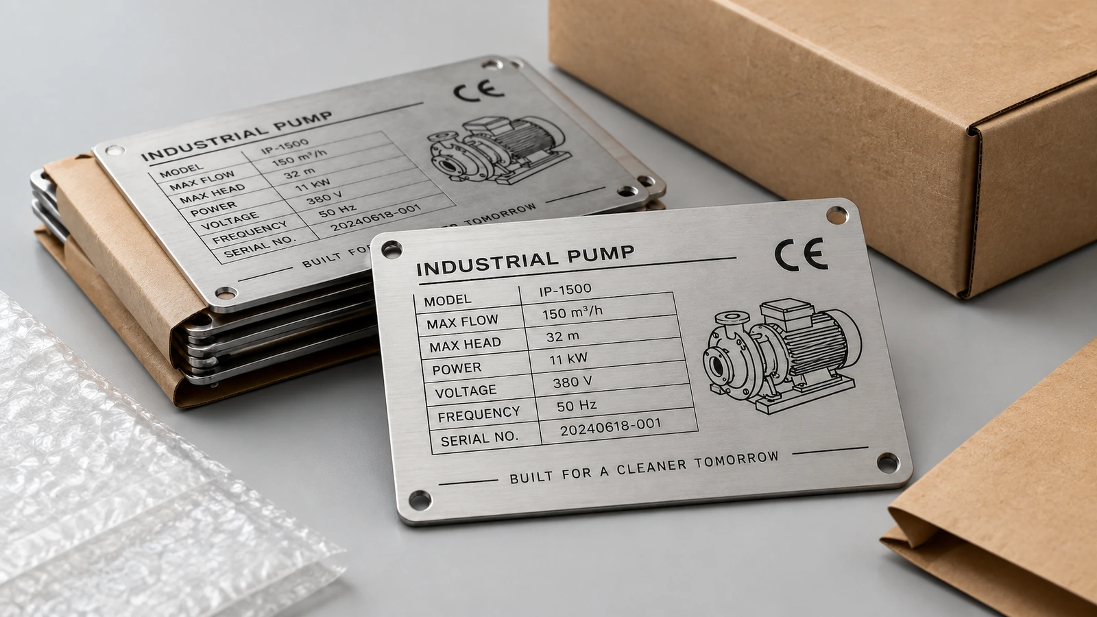 Plaques signalétiques de pompes industrielles empilées, avec intercalaires de protection, à côté d'un emballage en carton et de film à bulles