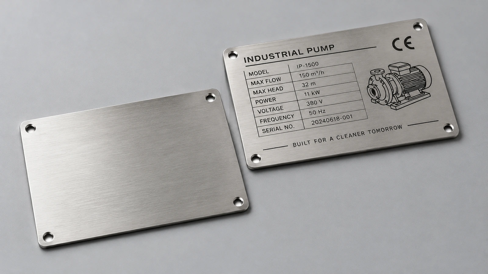 Plaque métallique brossée vierge à côté d'une plaque signalétique de pompe industrielle marquée, toutes deux dotées de quatre trous de fixation aux angles