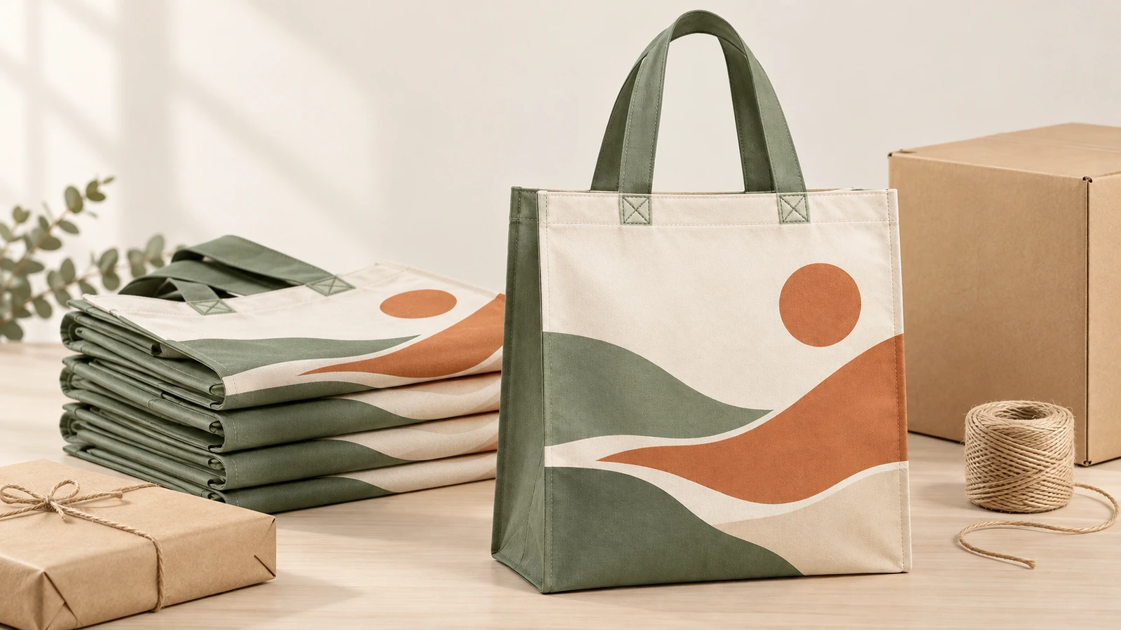 Cabas debout à motif paysage et sacs pliés à côté d'une boîte en carton et d'une ficelle
