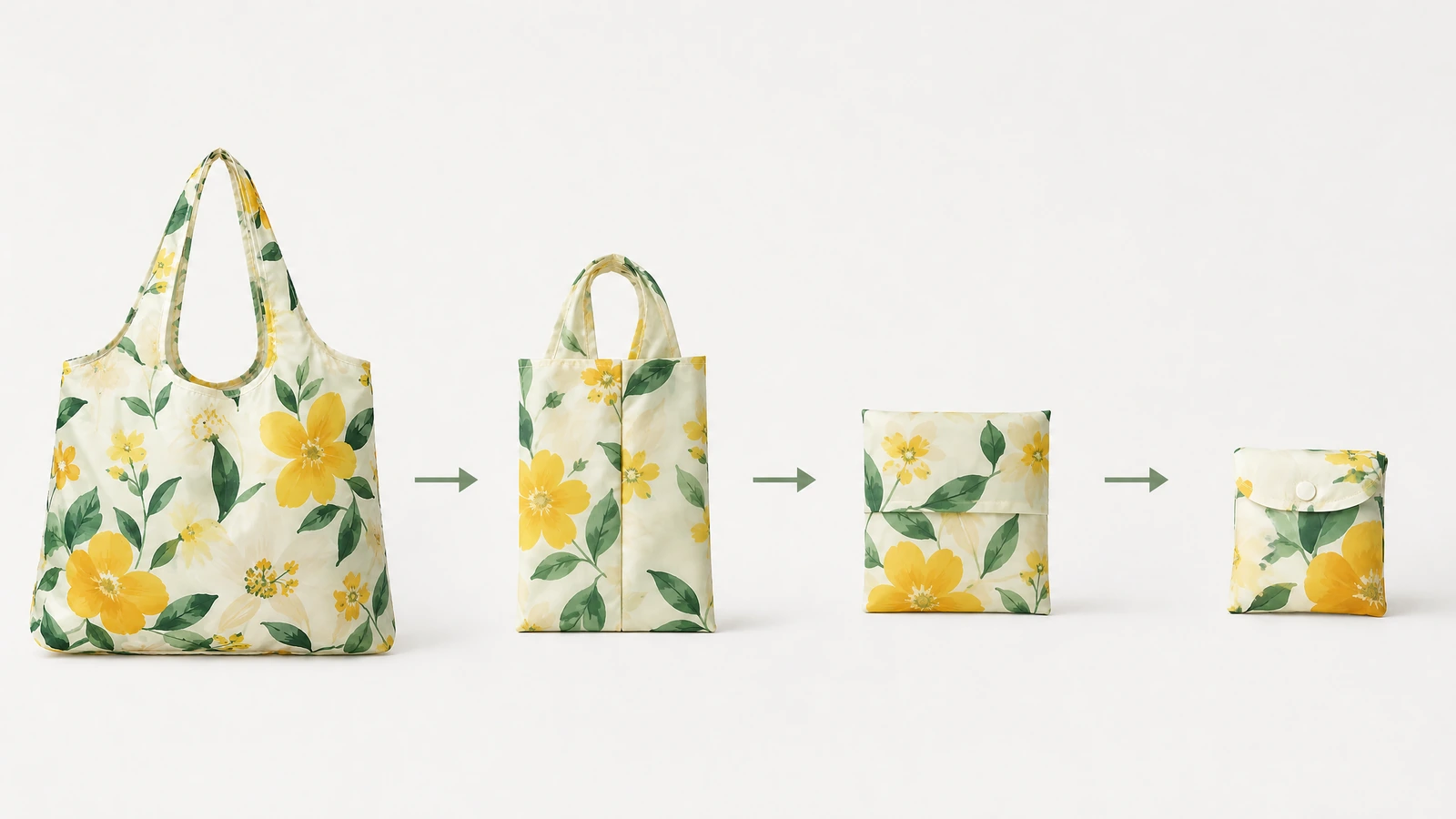 Illustration en quatre étapes montrant un sac fourre-tout floral plié en pochette compacte