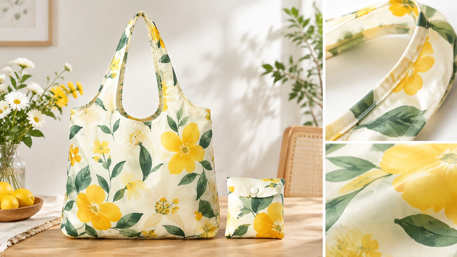 Collage d'un sac fourre-tout floral jaune et d'une pochette, avec gros plans de l'anse et du tissu