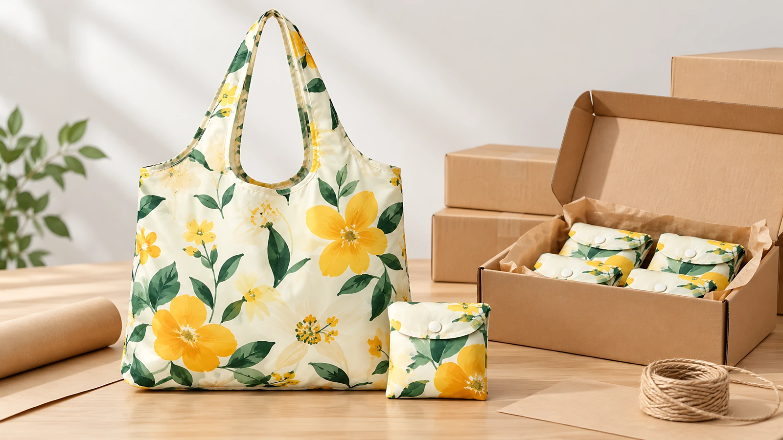 Sacs fourre-tout floraux jaunes et pochettes pliées à côté d'un carton ouvert et de matériel d'emballage