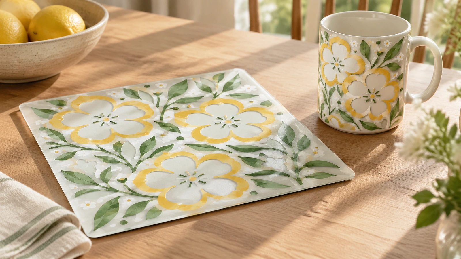 Feuille à motif floral à côté d'une tasse assortie sur une table en bois