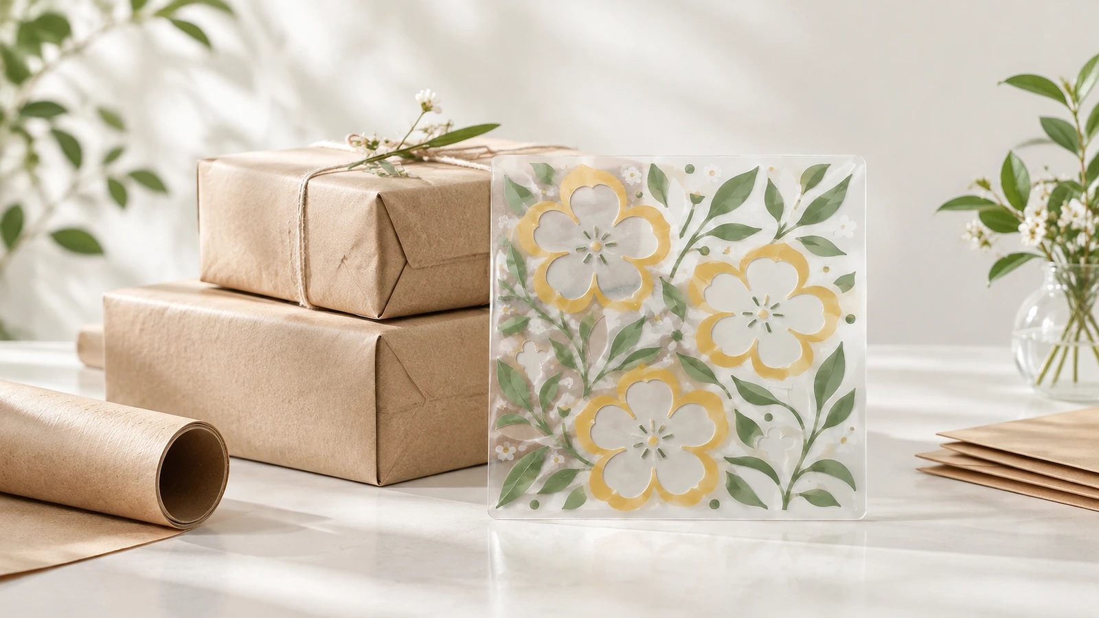Feuille transparente à motif floral à côté de boîtes cadeaux en kraft et d'un tube en carton