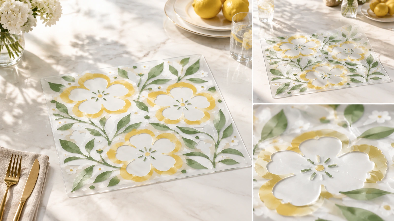 Collage d'une feuille à motif floral sur une table à manger et gros plan d'une fleur