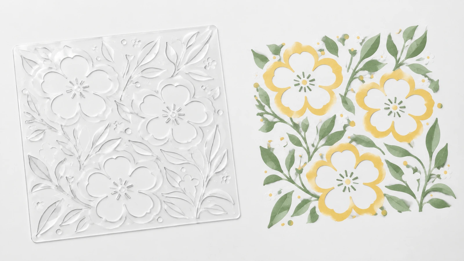 Pochoir floral non peint à côté d'un motif floral jaune et vert assorti