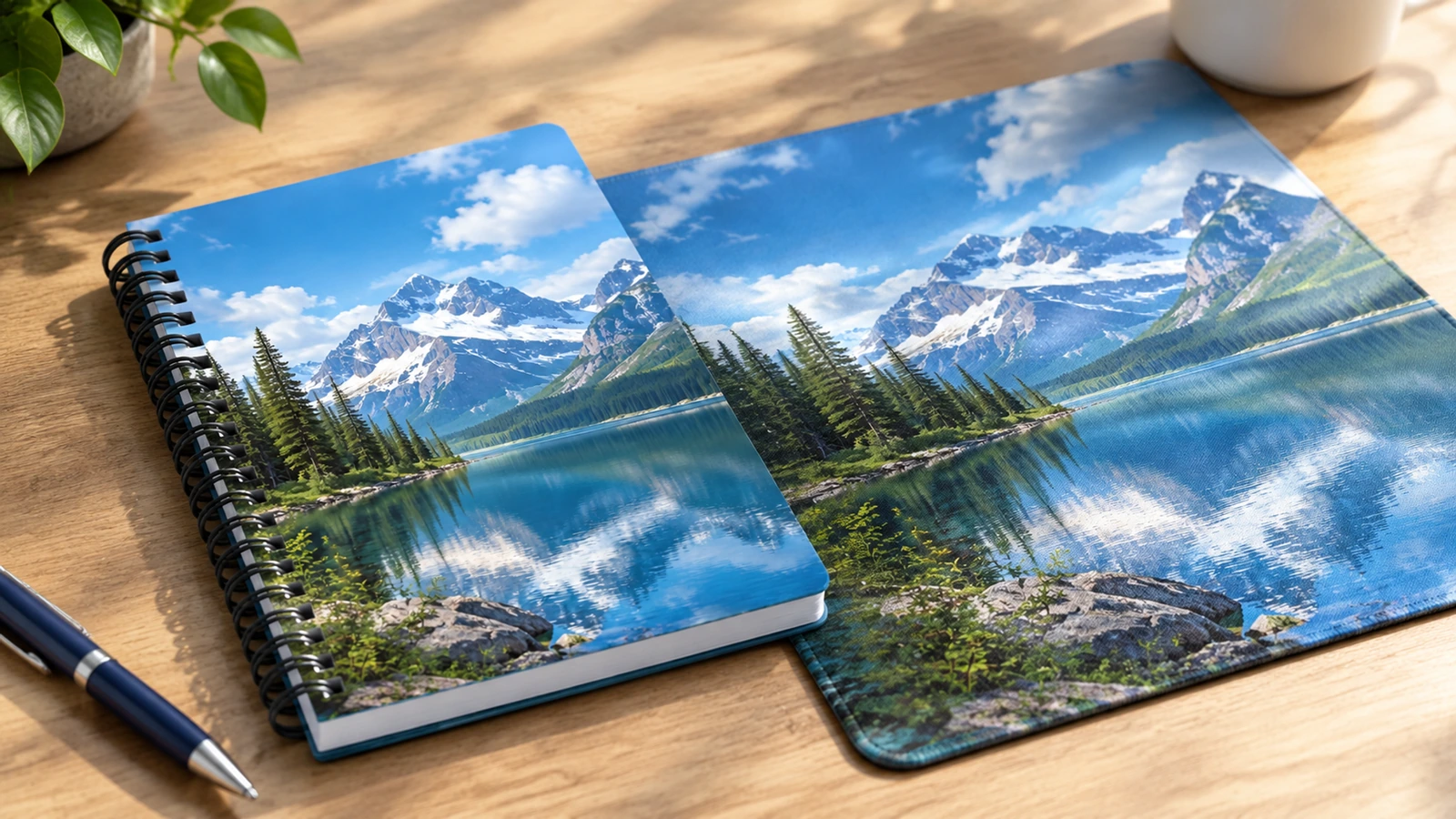 Illustration d’un carnet fermé au design lacustre, à côté d’une double page paysagère ouverte sur un bureau