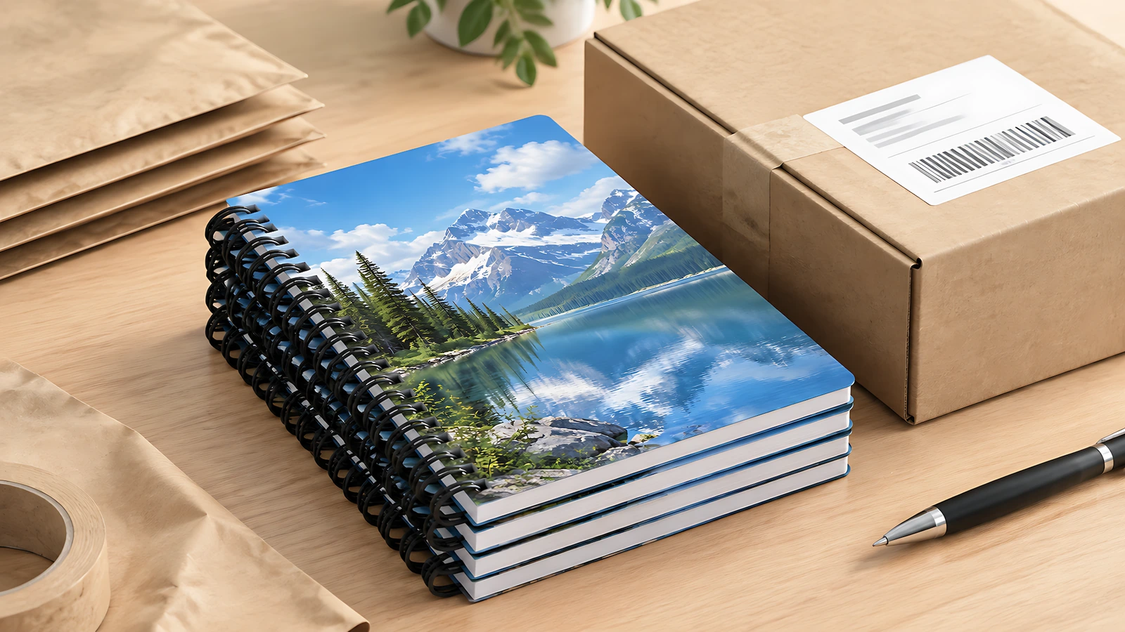Illustration d’une pile de carnets au design lacustre, à côté d’un carton étiqueté et de pochettes d’expédition en papier kraft