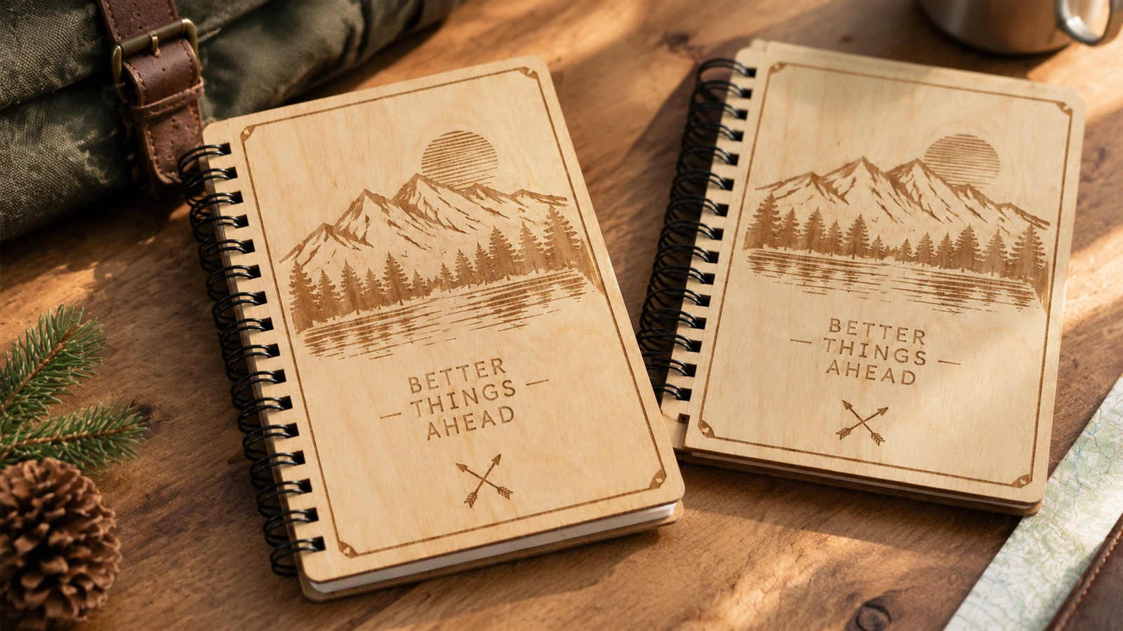 Deux carnets en contreplaqué à motif montagne sur un bureau en bois, à côté d’accessoires de voyage