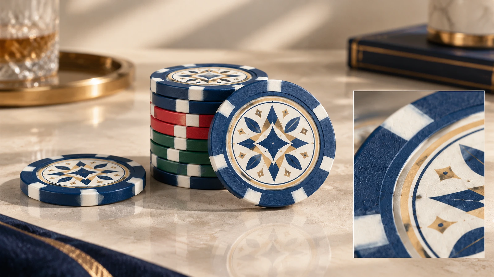 Pile de jetons de poker et détail du visuel Collage de jetons de poker à motifs géométriques et gros plan de la face décorée