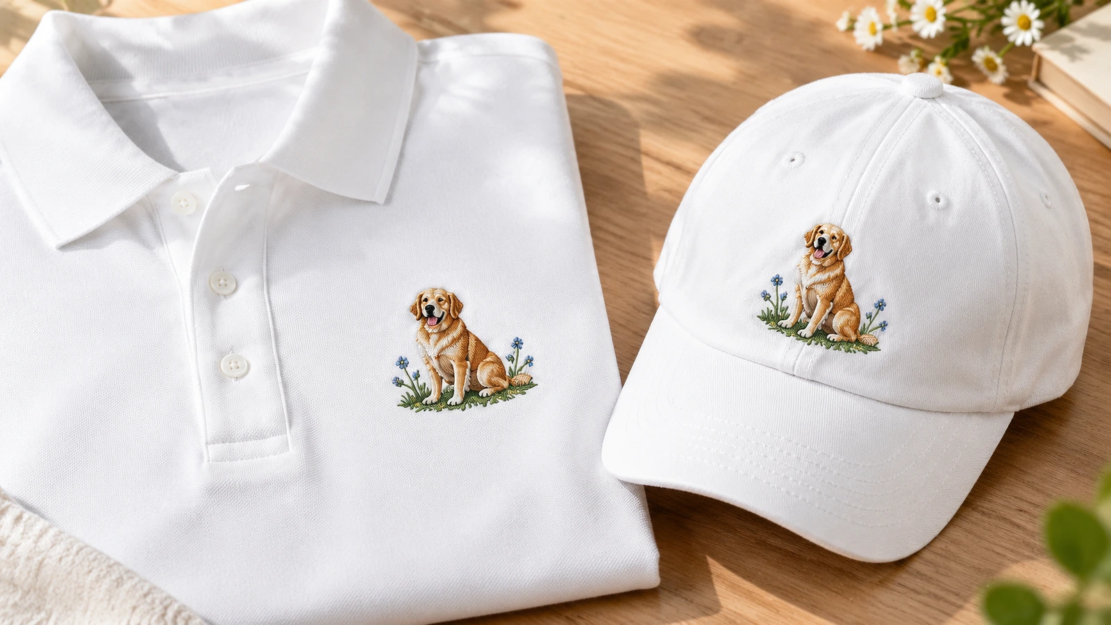Polo blanc plié et casquette blanche assortie avec broderie de chien sur une table en bois