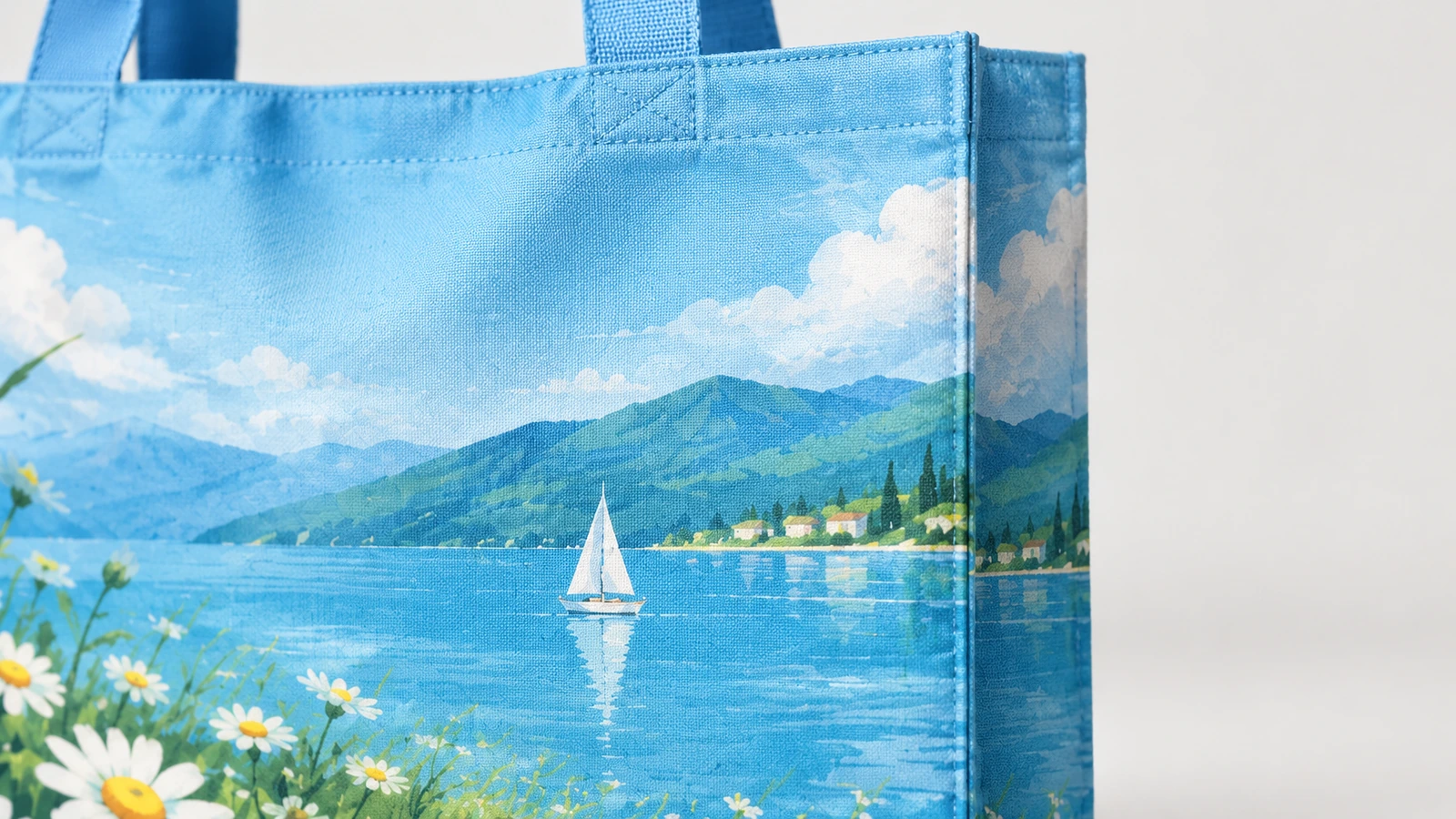 Gros plan sur le tissu du sac lake-and-daisy, la couture supérieure et les anses bleues