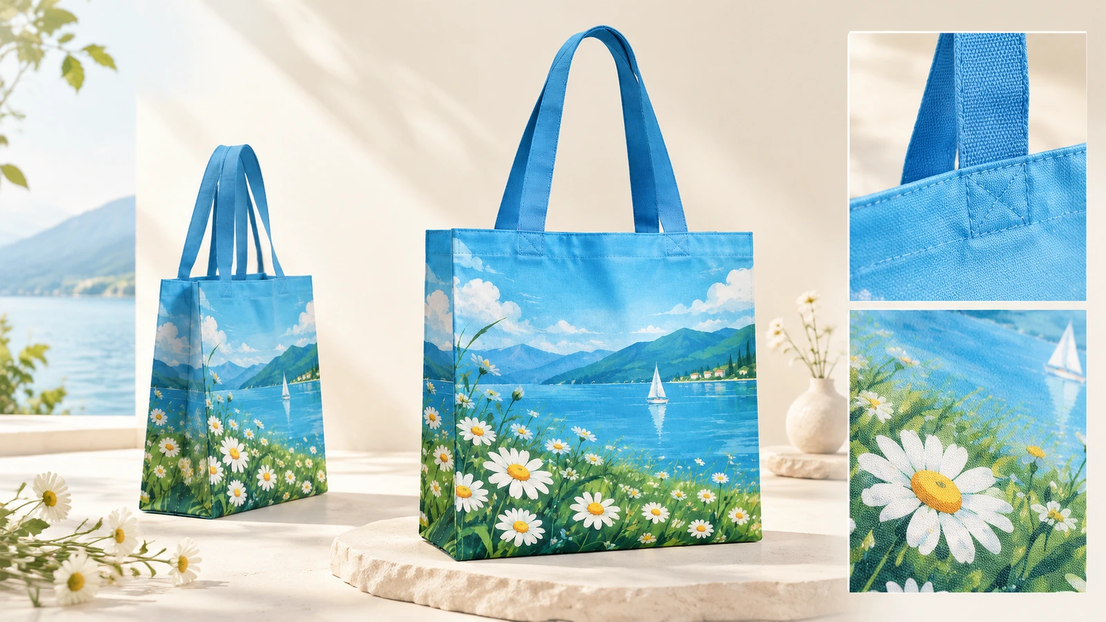 Deux sacs fourre-tout bleus imprimés, avec des gros plans sur la jonction de l'anse et sur le tissu floral