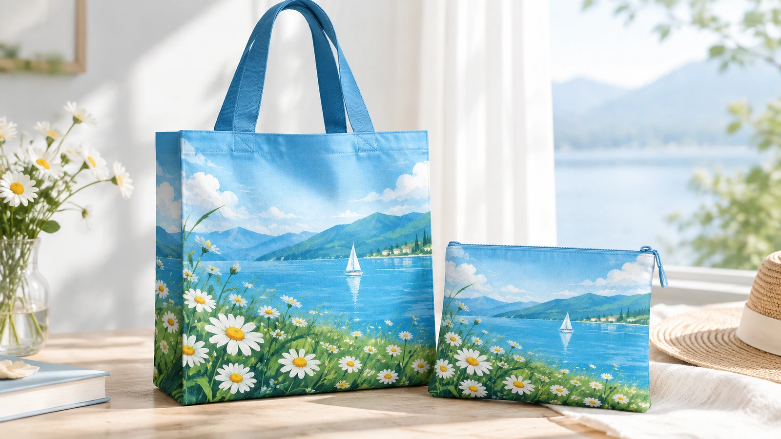 Sac fourre-tout bleu imprimé lake-and-daisy avec une pochette à fermeture éclair assortie sur une table