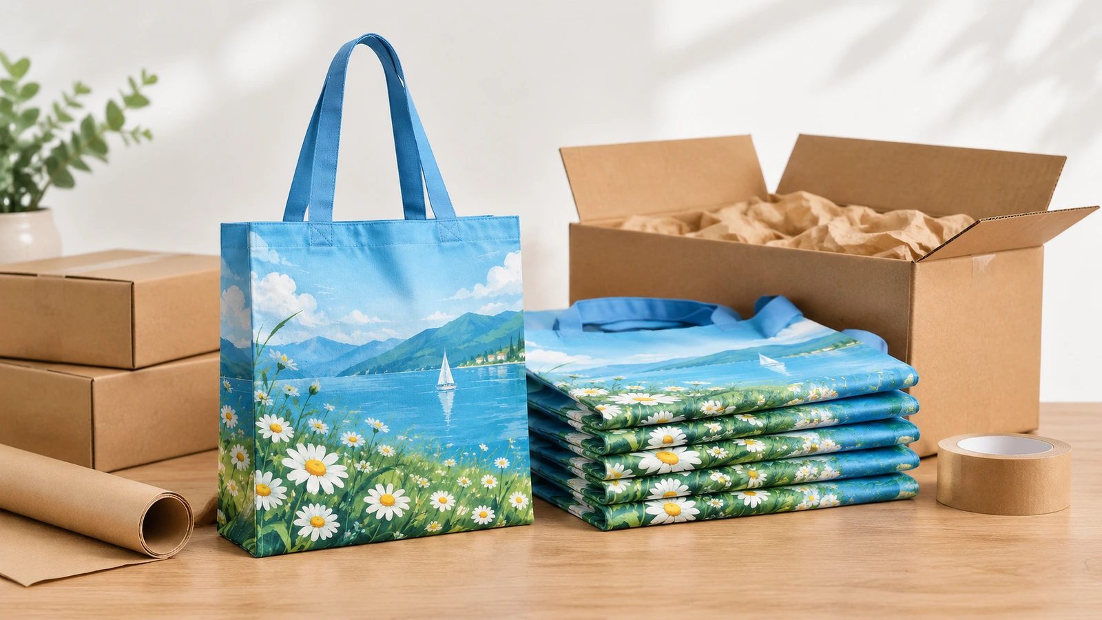 Sac fourre-tout bleu imprimé et sacs pliés empilés à côté de cartons d'emballage