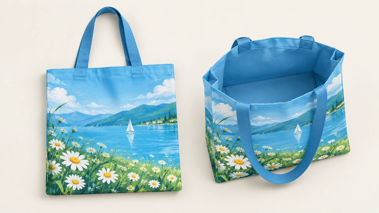Vues de face et du dessus ouvert d'un sac fourre-tout bleu imprimé lake-and-daisy
