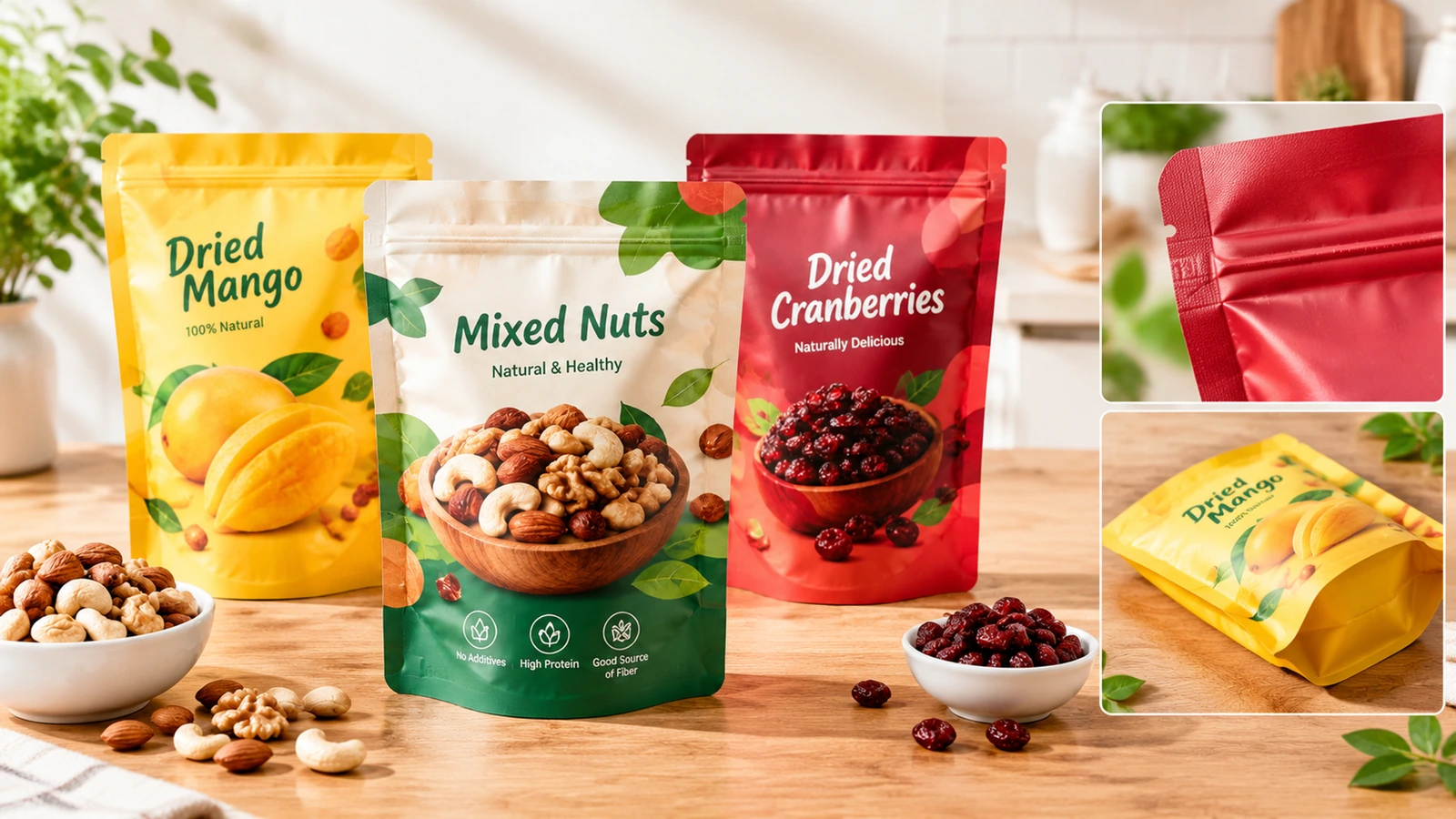 Présentoir de sachets snack, avec vues détaillées d'une fermeture refermable et d'un fond de sachet plié